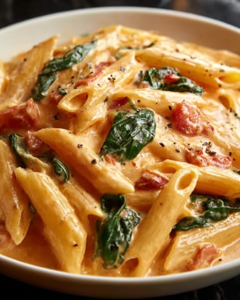 Penne Pasta with Spinach and Roasted Red Pepper Cream Sauce Recipe - Recipe Image