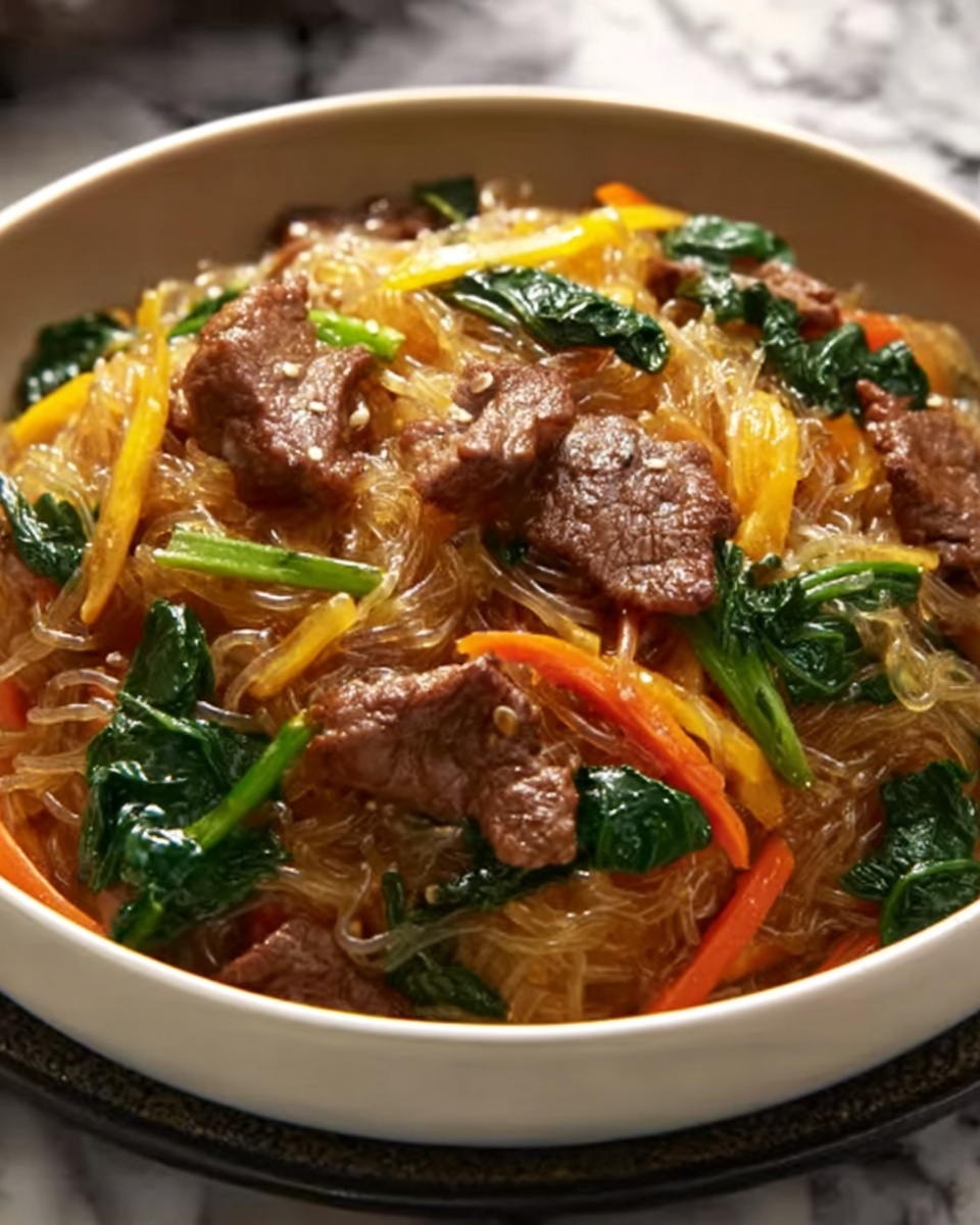 Sweet Potato Glass Noodles with Beef and Vegetables (Japchae) Recipe - Recipe Image