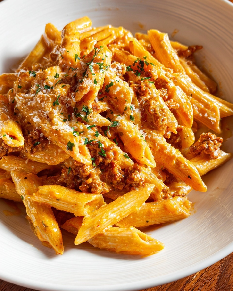 Cheesy Penne with Garlic Butter Ground Beef Recipe - Recipe Image