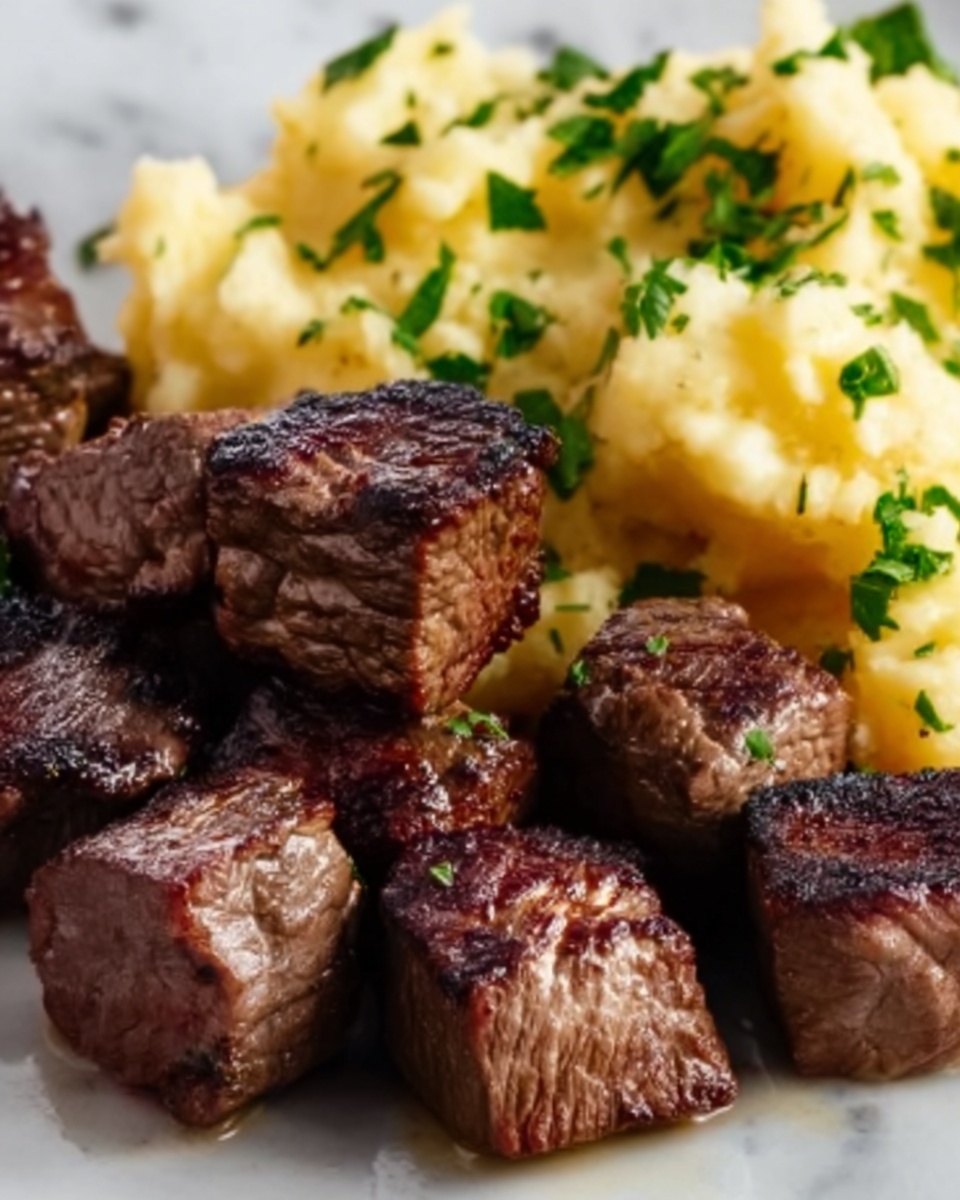 Garlic Butter Steak Bites with Cheesy Smashed Potatoes Recipe - Recipe Image