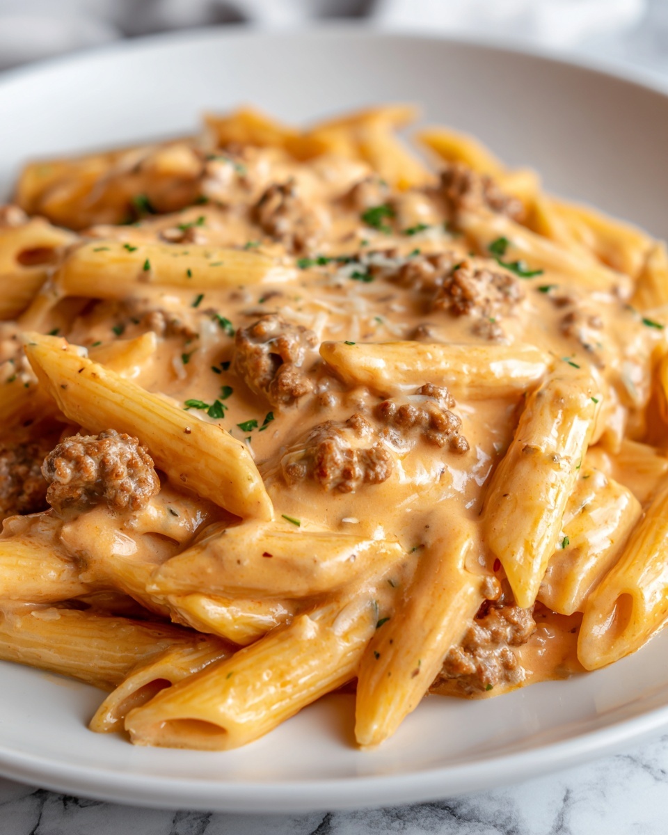Cheesy Penne with Garlic Butter Ground Beef Recipe - Recipe Image