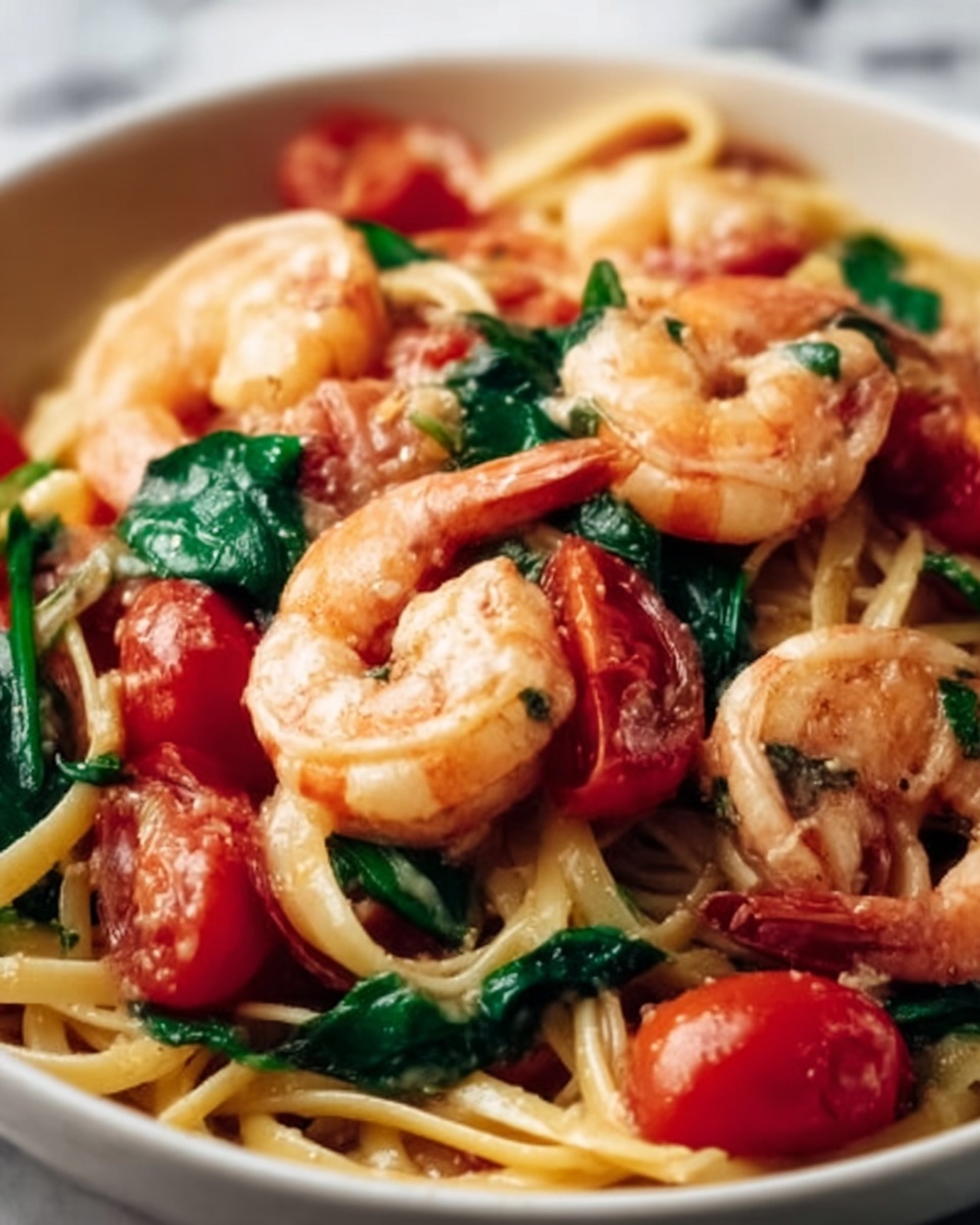 Shrimp Tomato Spinach Pasta in Garlic Butter Sauce Recipe - Recipe Image